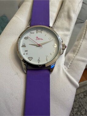 Boum Ladies Quartz Watch White Dial Purple Silicone Strap Silver Charms Like New